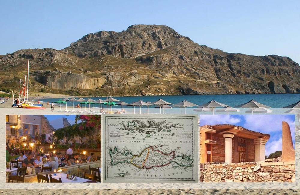 Plakias beach on Crete, plus photos from a Cretan restaurant, a Renaissance map of Crete and ruins of a Minoan palace